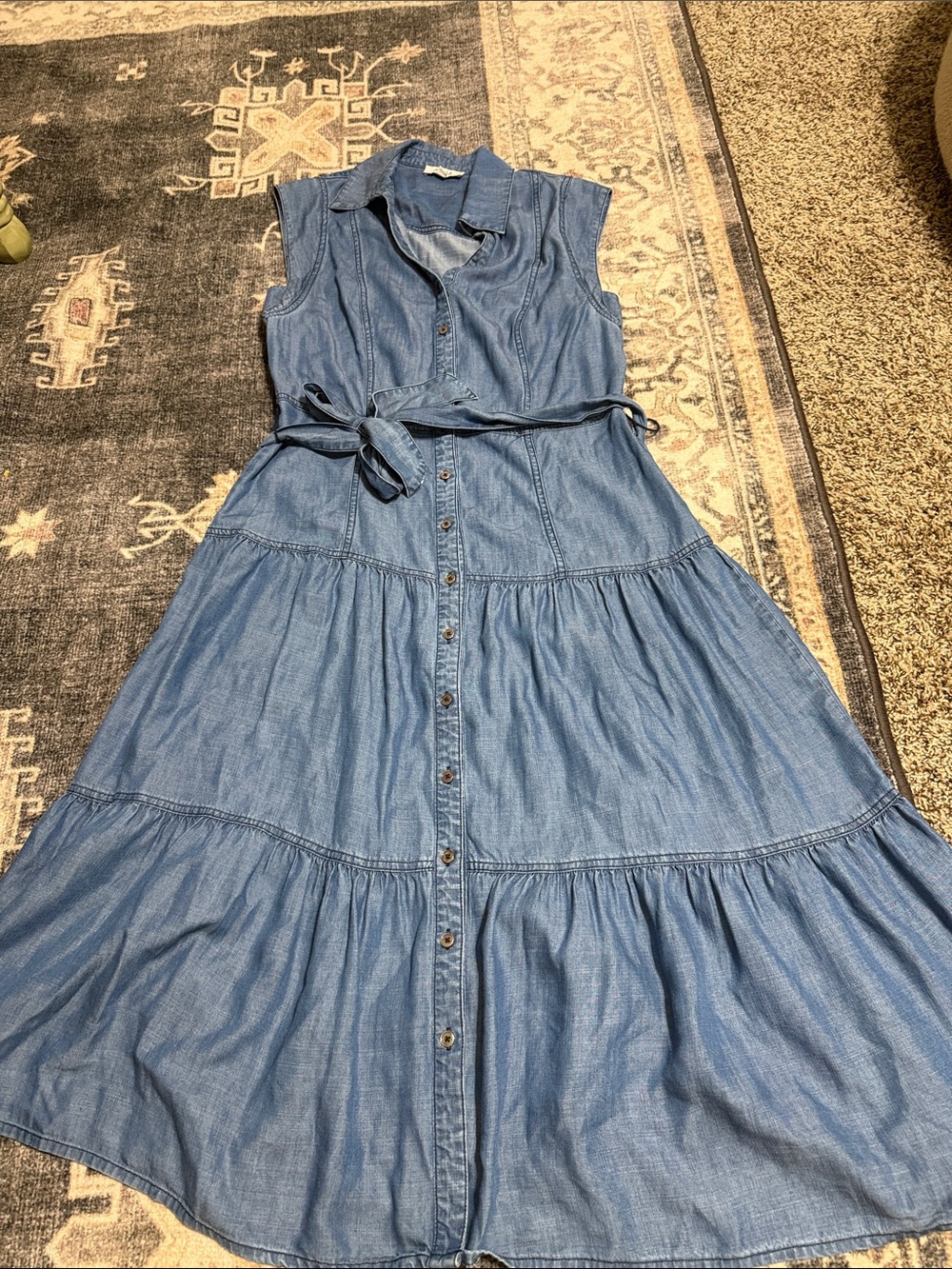 Sleeveless Denim Maxi Dress with Self-Tie Belt - Blue